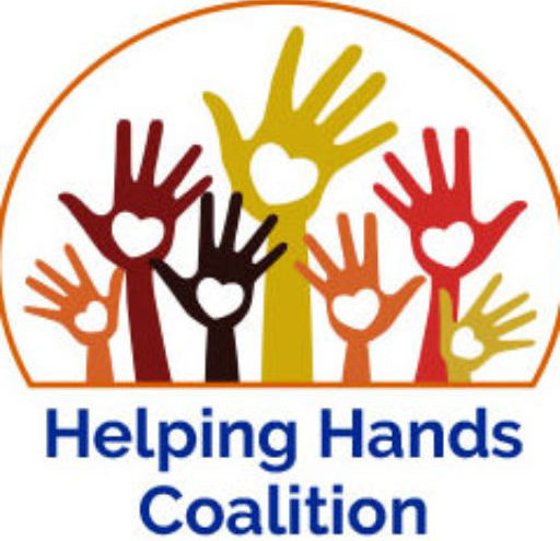 Logo with colorful hands of various sizes, each with a heart shape in the palm, above the text "Helping Hands Coalition.