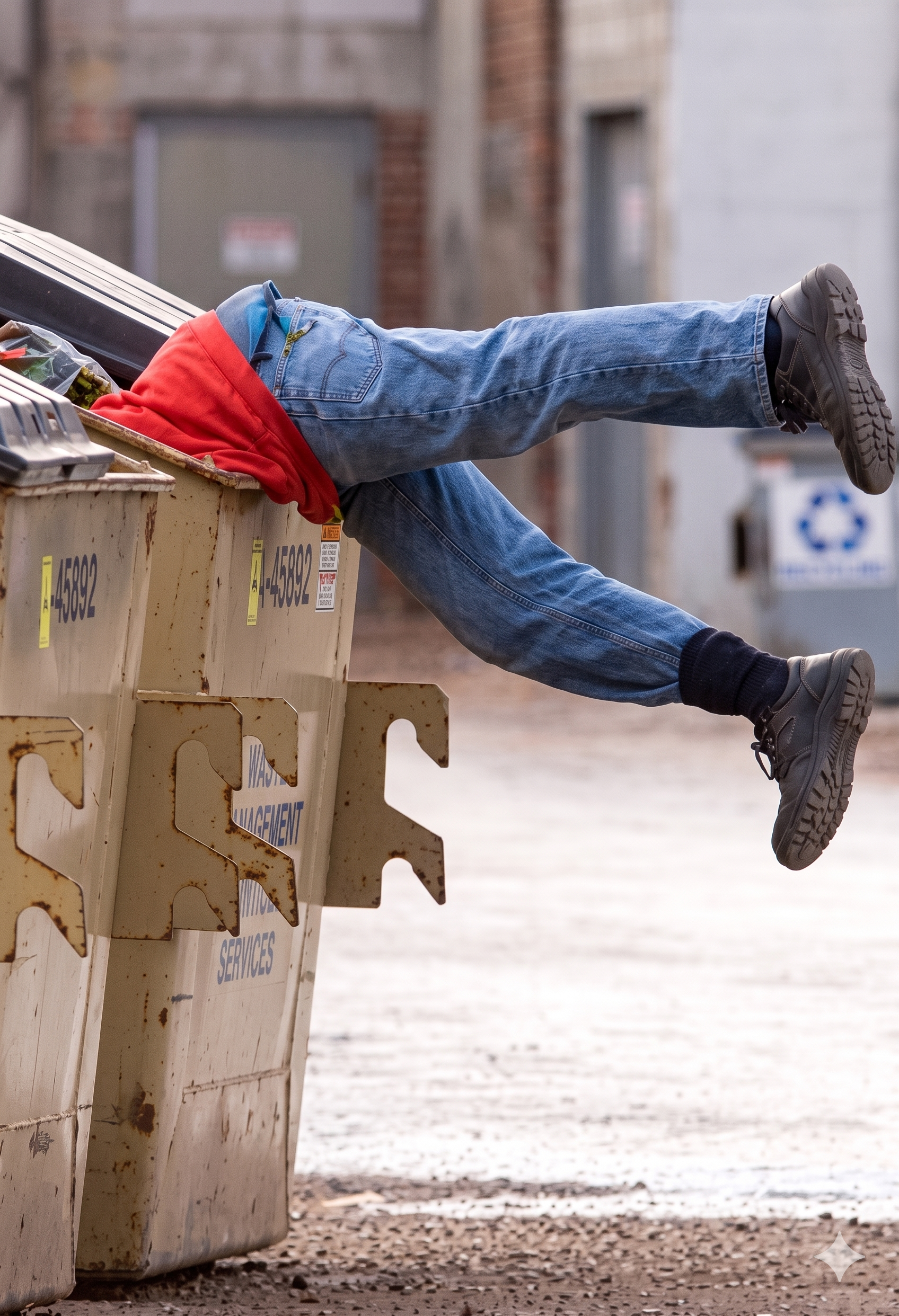A person in jeans and boots is leaning headfirst into a dumpster, with only their legs and lower torso visible outside the bin.